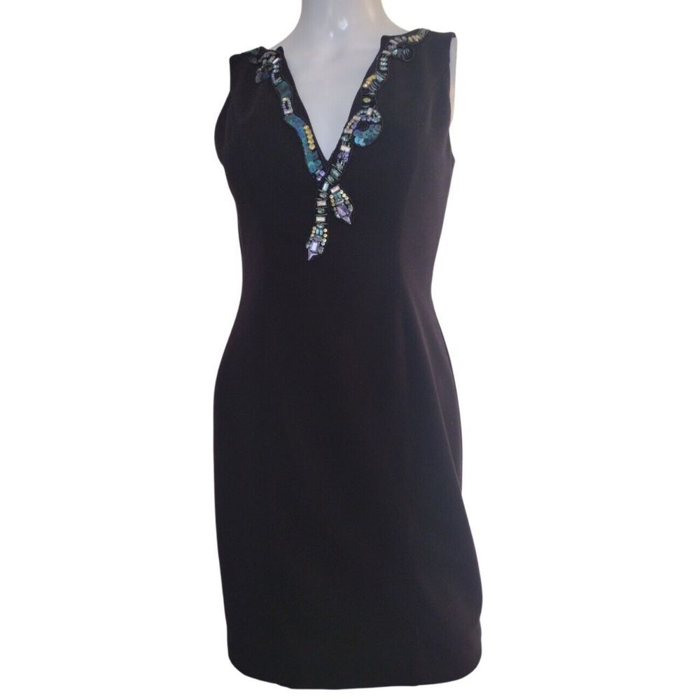 Boston Proper Cocktail Dress Womens Black 6 V Neck Jeweled Sequins Party Lined